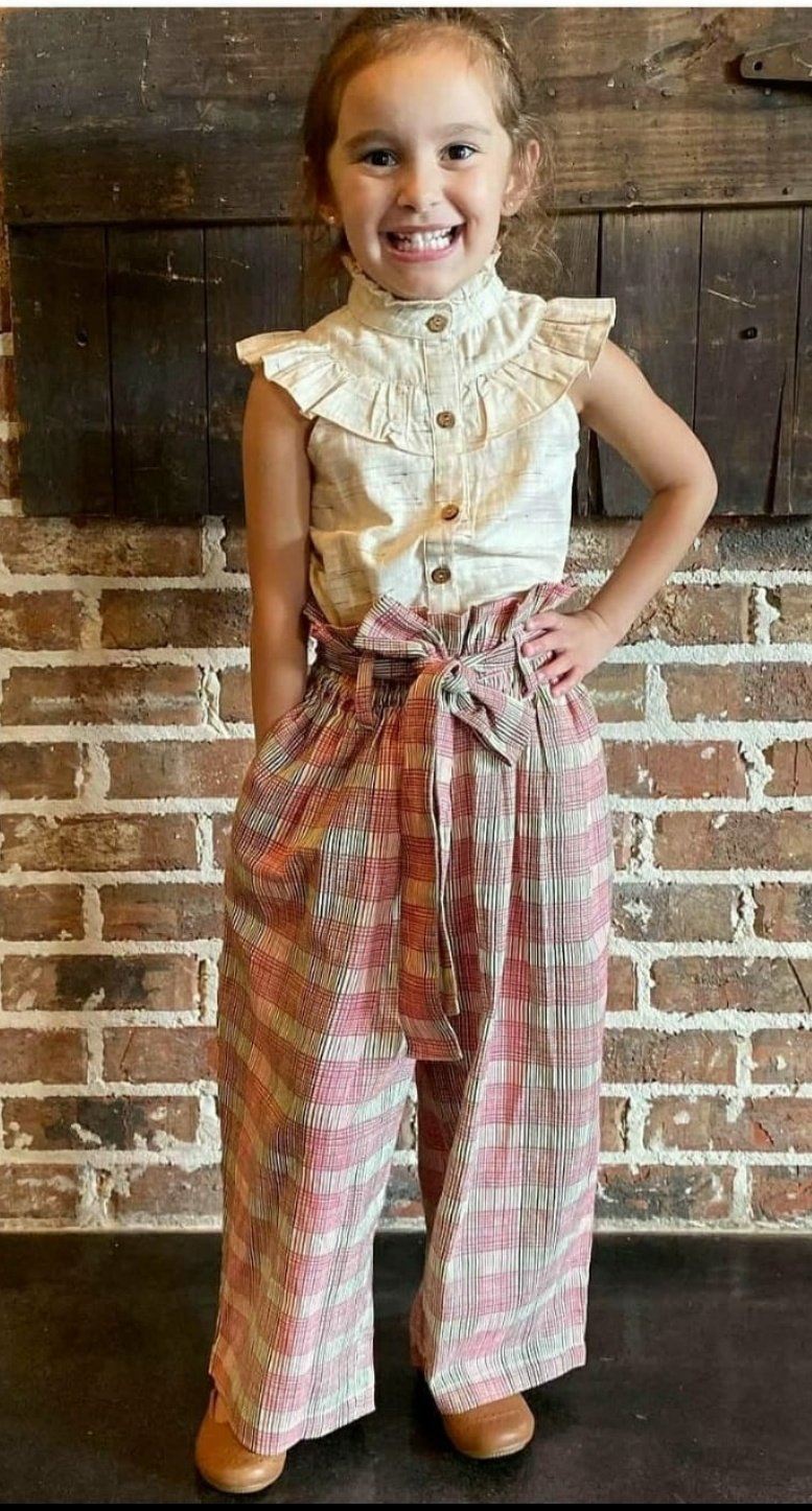 Pale Yellow Frill Top and Gingham Paper Bag Pants 2pc. Set Dress Yo Baby Wholesale
