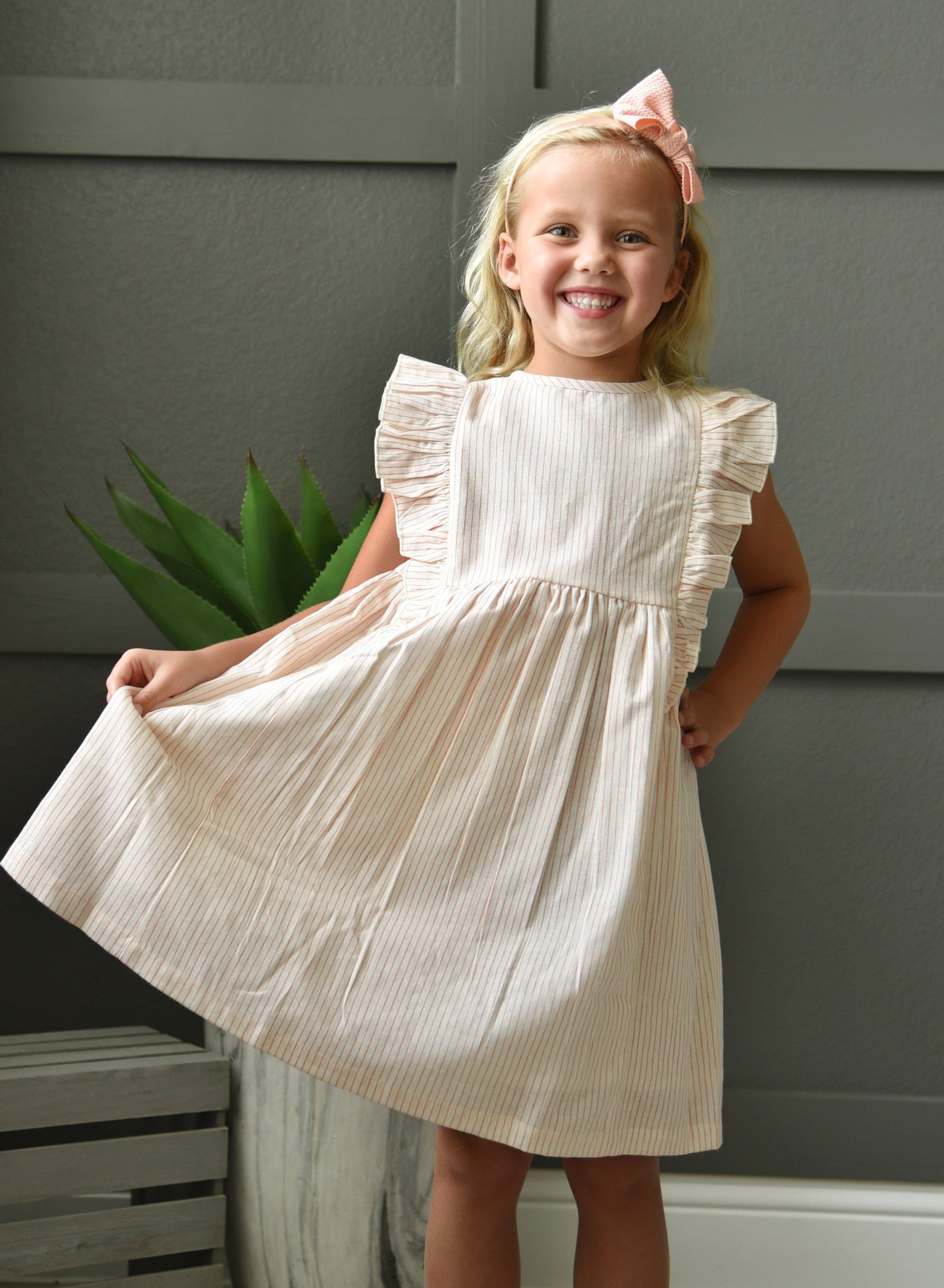 Peach Pinstripes Ruffle Sleeve Shift Dress Dress Yo Baby Wholesale