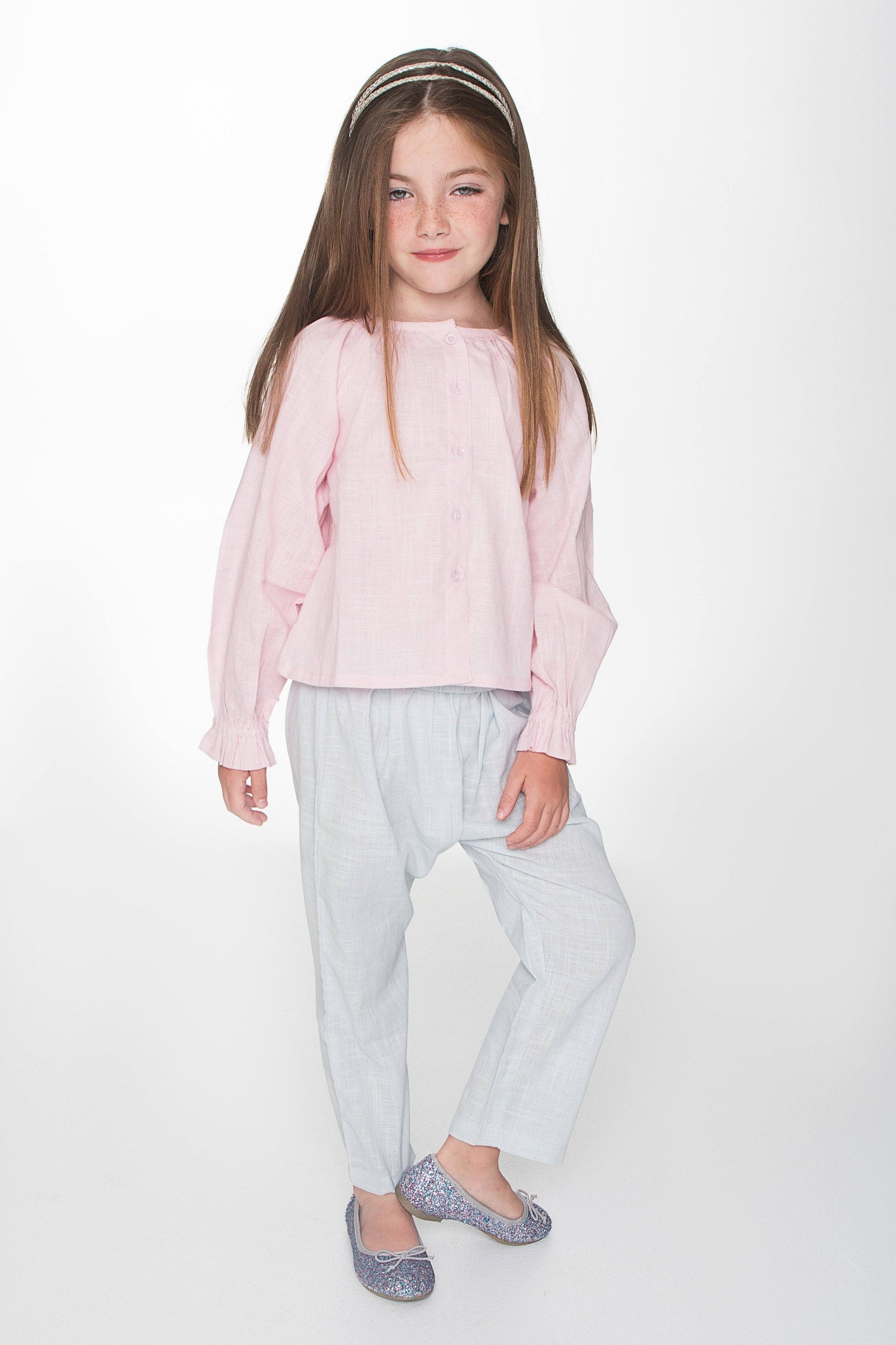 Pink Button Up Blouse with Light Blue Easy Pants 2pc. Set Dress Yo Baby Wholesale