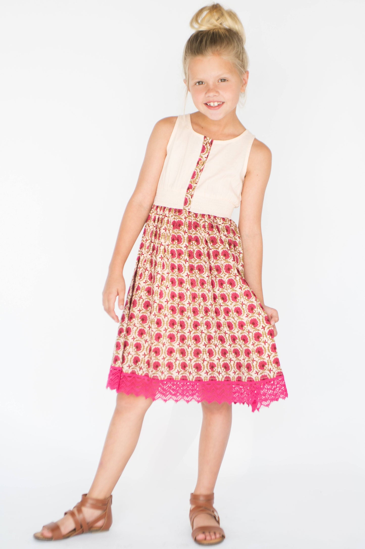 Pink Floral Lace-Trim A-Line Dress Dress Yo Baby Wholesale