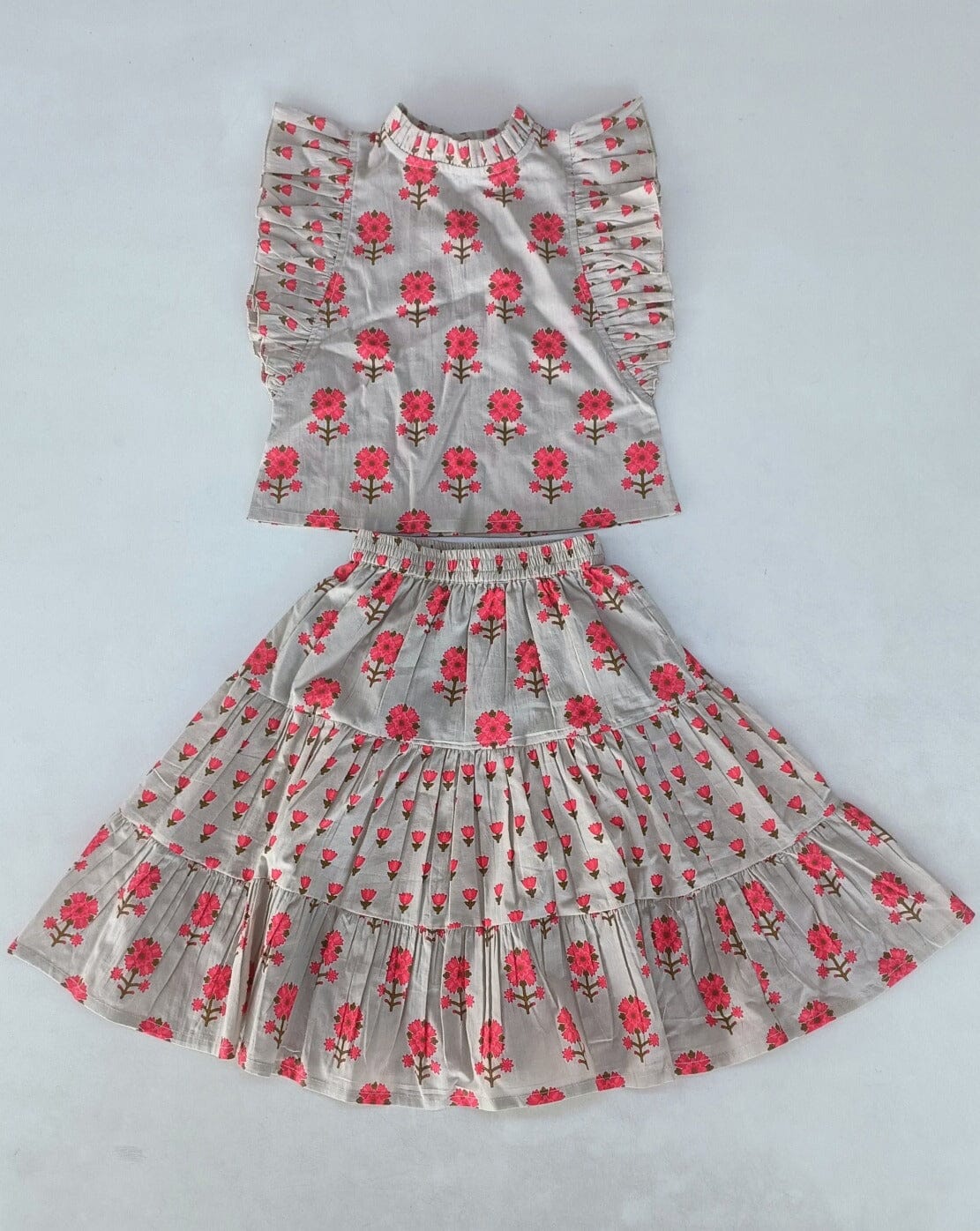 Pink Floral Neck Ruffle Top & Tiered Skirt Set TOP & SKIRTS Yo Baby India