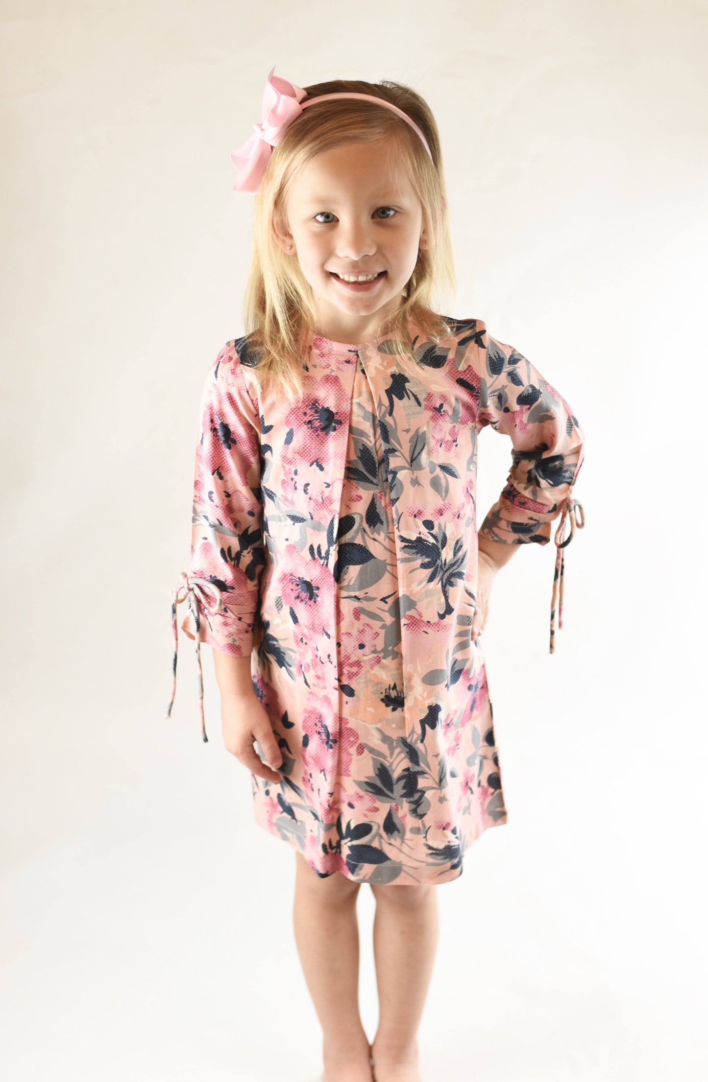 Pink Floral Shift Dress With Tie-Sleeve Details Dress Yo Baby Wholesale