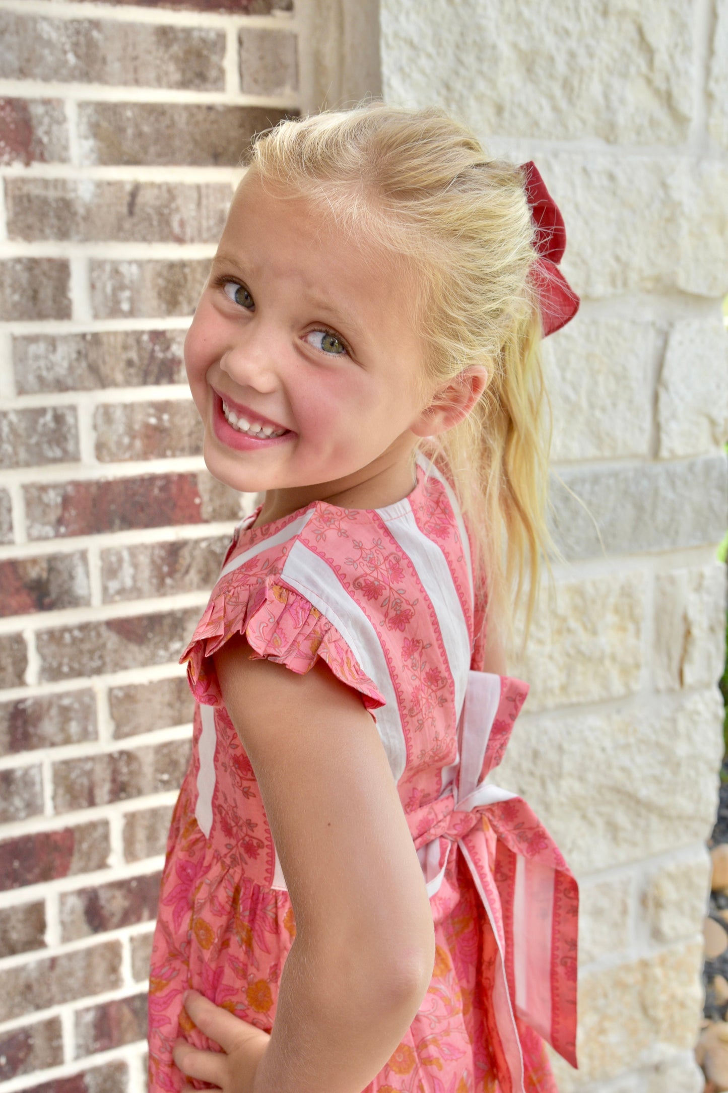 Pink Printed Angel Sleeves Shift Dress With Belt Dress Yo Baby Wholesale
