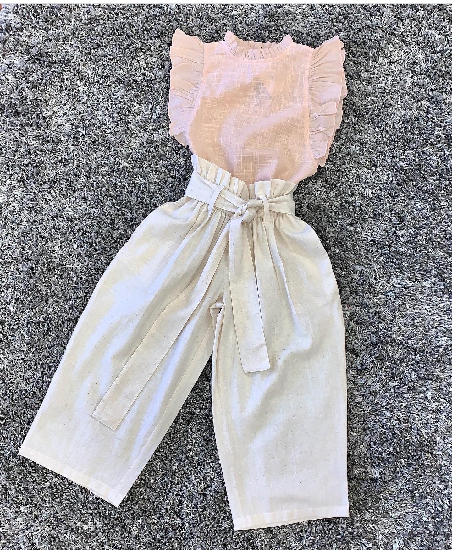 Pink Ruffle Sleeves Top with High-Waist Ivory Paper Bag Pants 2 pc. Set Dress Yo Baby Wholesale