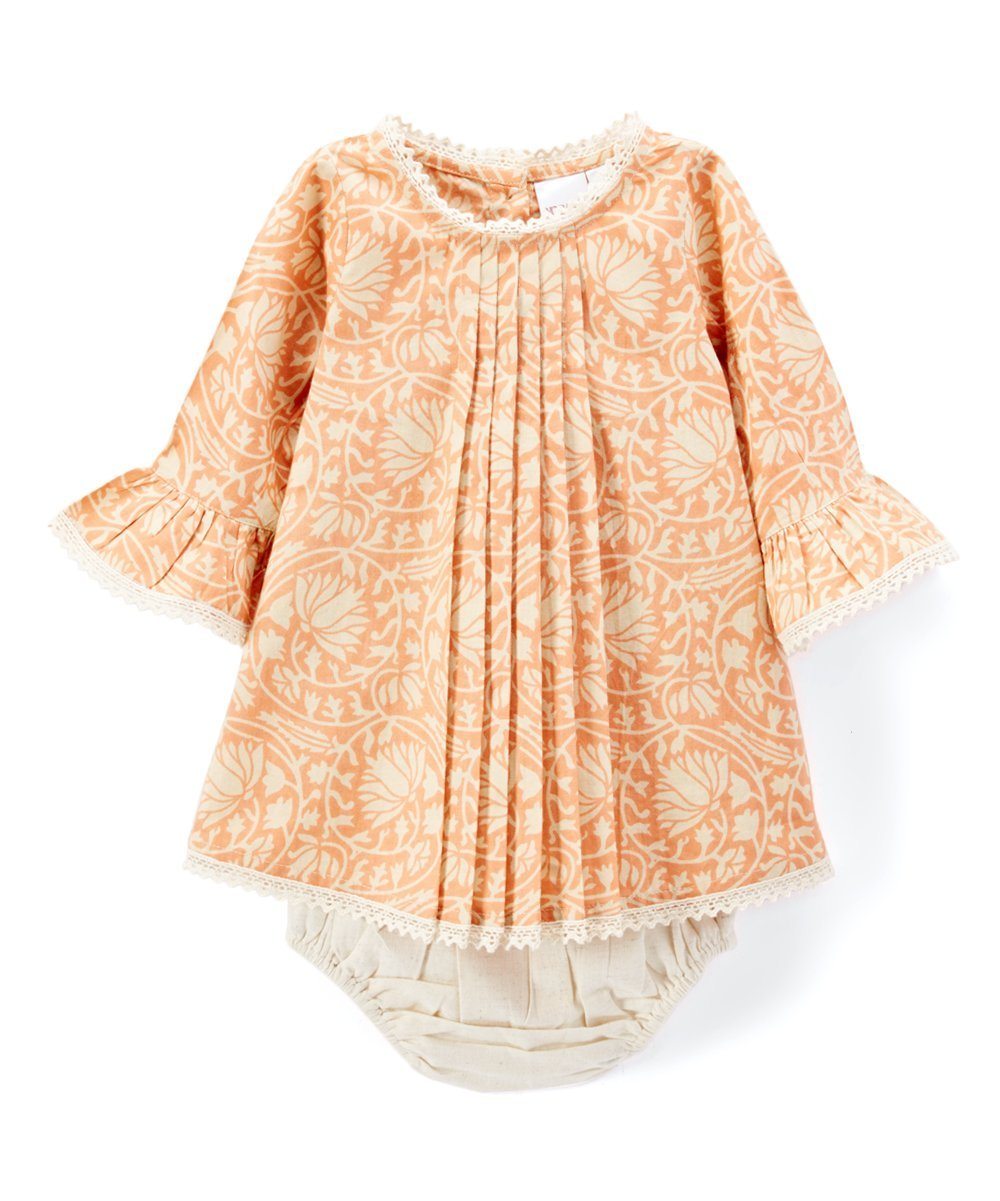Pleated Peach Shift Dress With Lace Details & Diaper Cover Dress Yo Baby Wholesale