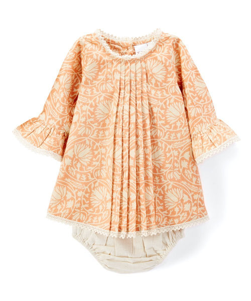 Pleated Peach Shift Dress With Lace Details & Diaper Cover Dress Yo Baby Wholesale 