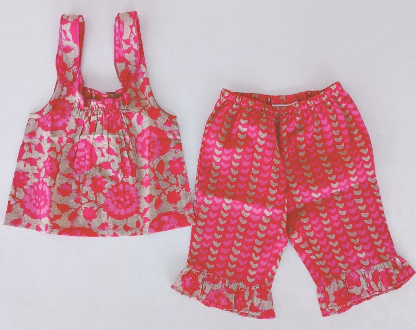 Printed Hot Pink Top with Striped Ruffle Pants 2 pc. Set TOP & PANTS SET Yo Baby India