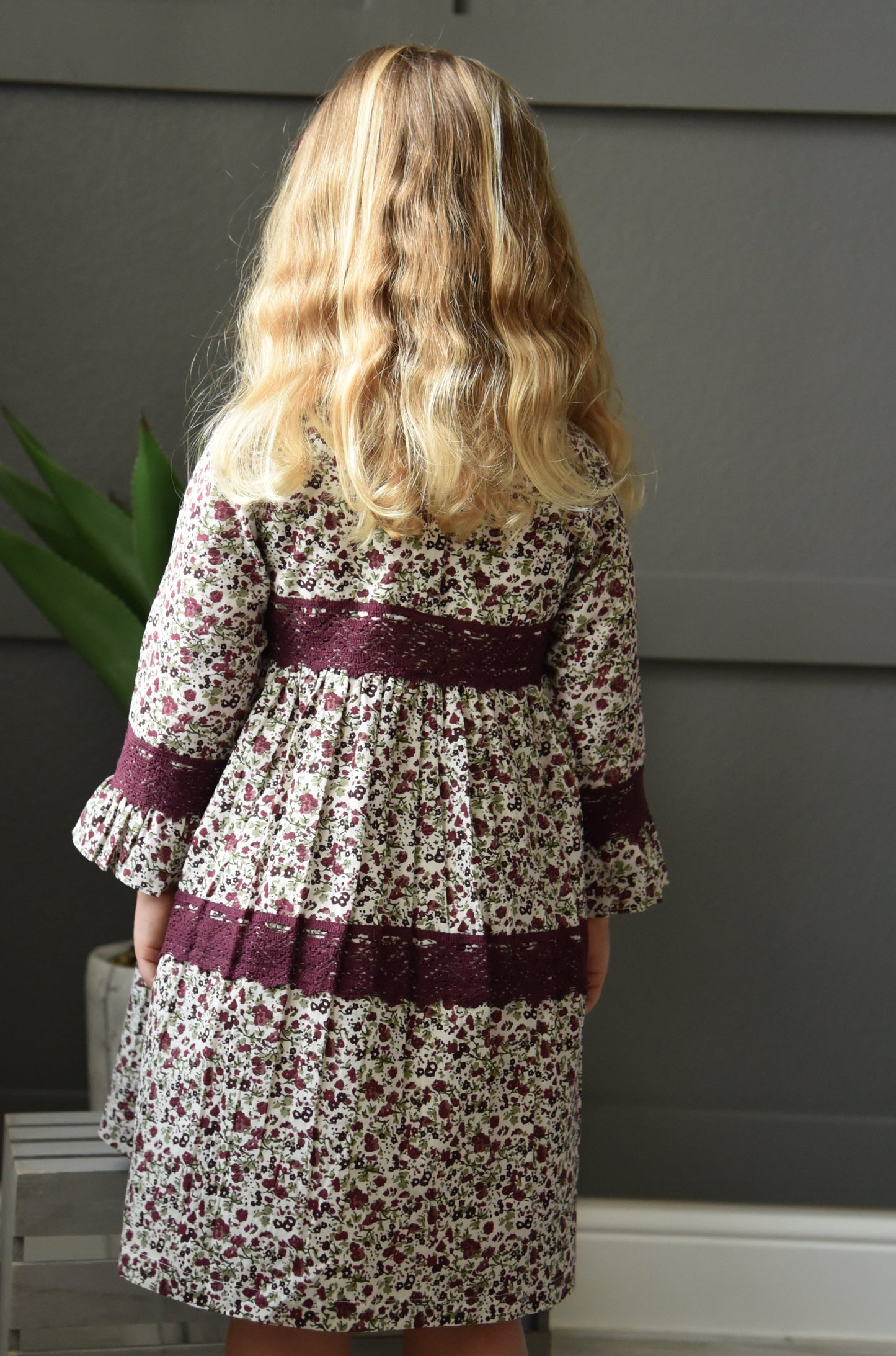 Printed Lace Detail Full-Sleeves A-Line Dress Dress Yo Baby Wholesale