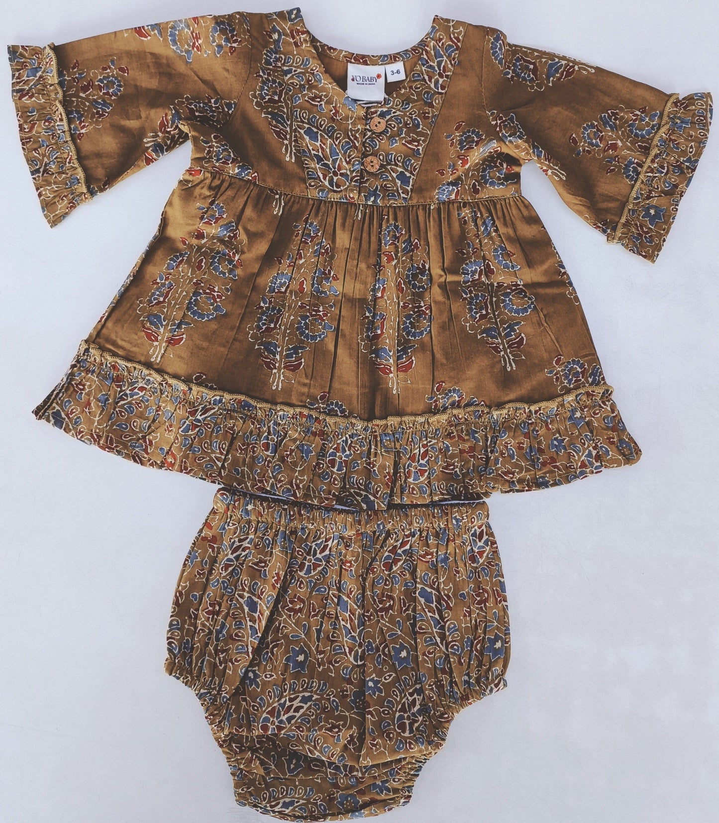 Printed Long-Sleeves Ruffle Dress & Diaper Cover Set dress & diaper cover Yo Baby India