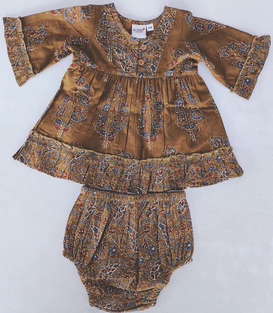 Printed Long-Sleeves Ruffle Dress & Diaper Cover Set dress & diaper cover Yo Baby India