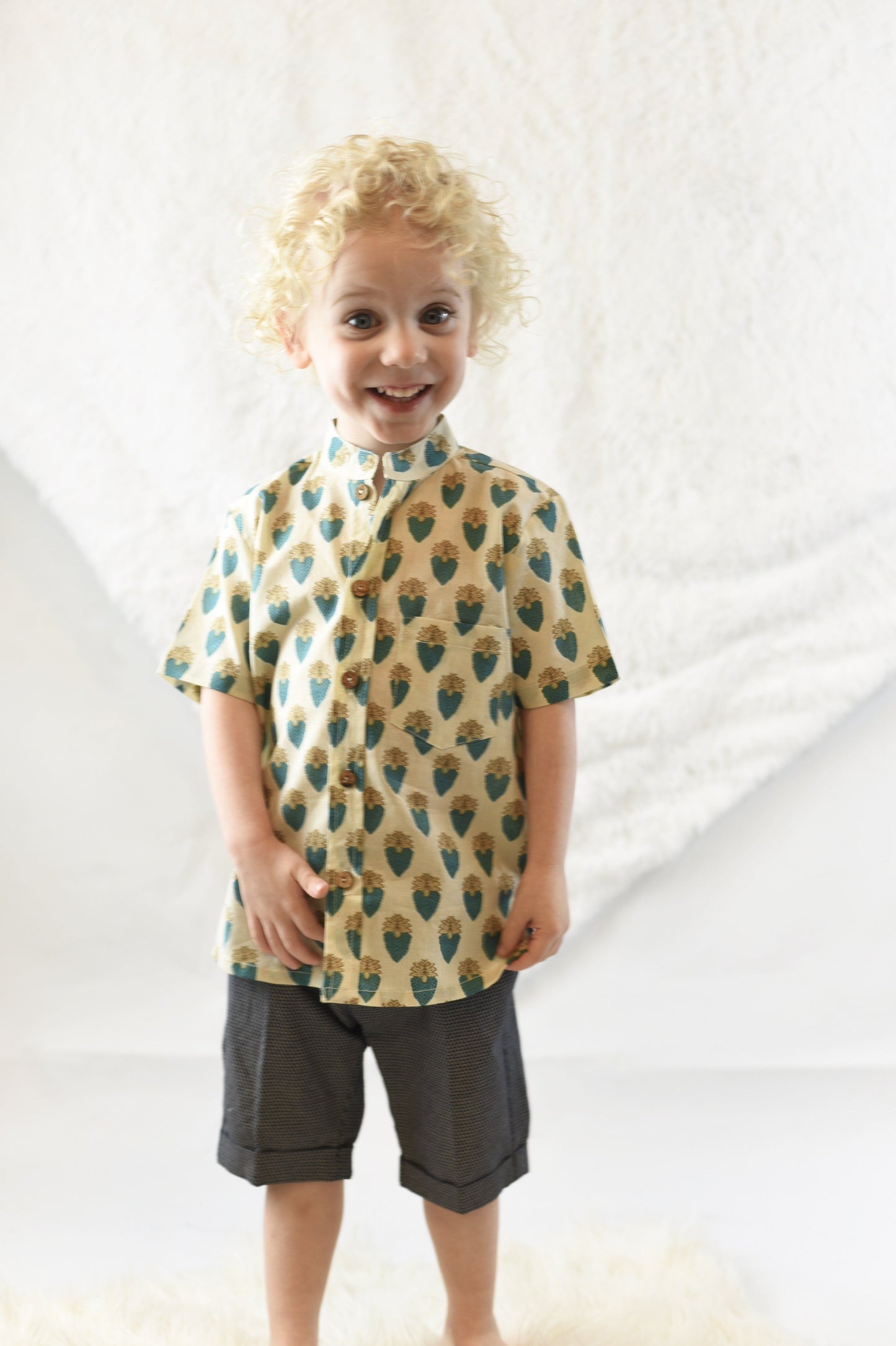 Printed Pale Yellow Shirt & Charcoal Shorts Two Piece Set boys Yo Baby Wholesale