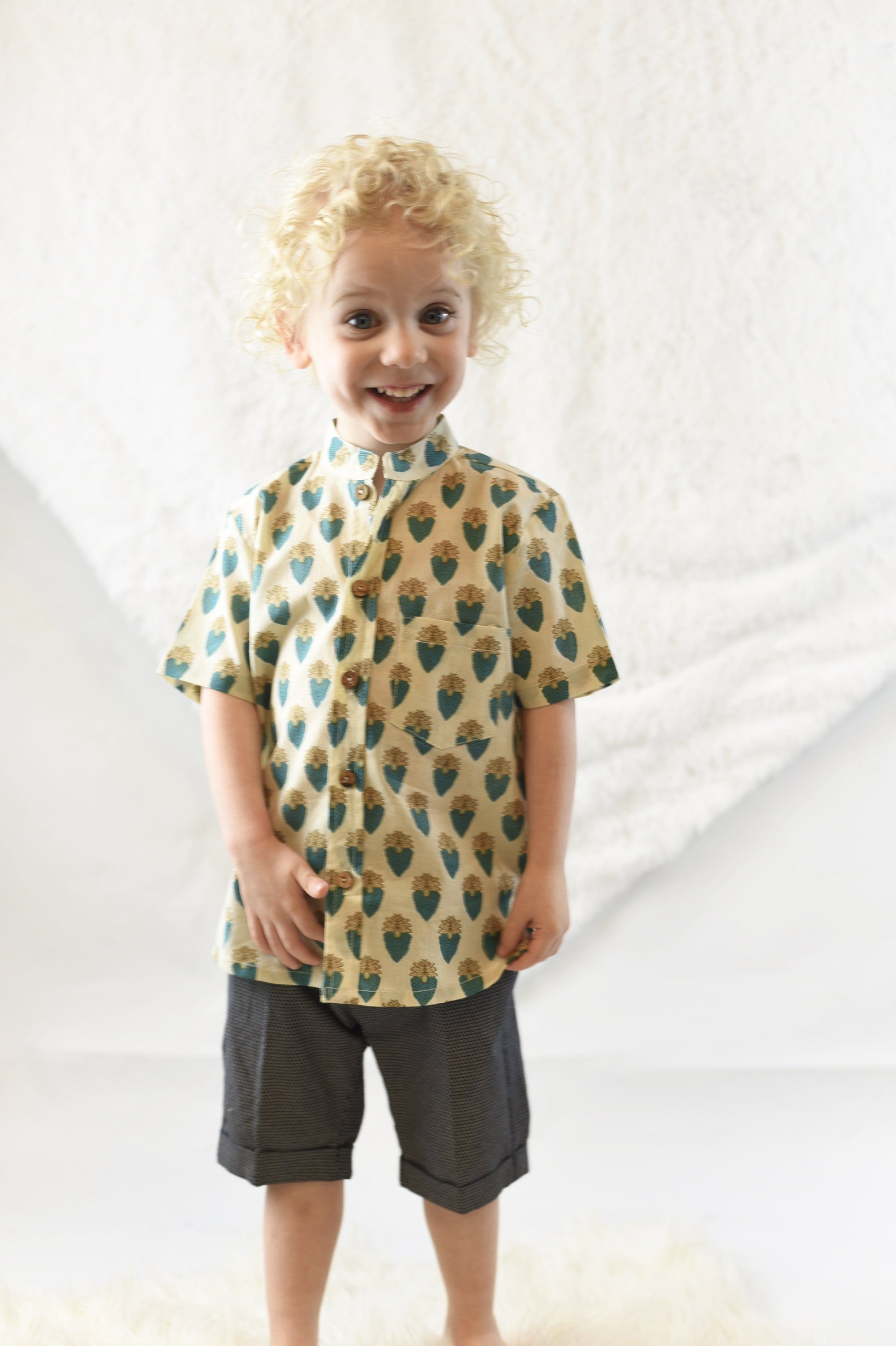 Printed Pale Yellow Shirt & Charcoal Shorts Two Piece Set boys Yo Baby Wholesale