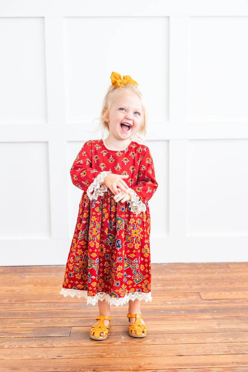 Red & Blue Printed Long Sleeve Lace Detail Dress and Bloomers dress & diaper cover Yo Baby India