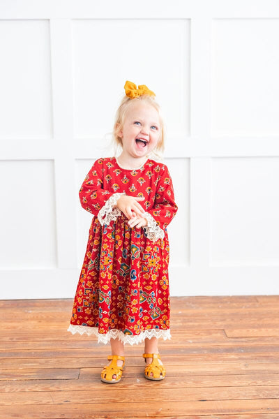 Red & Blue Printed Long Sleeve Lace Detail Dress and Bloomers dress & diaper cover Yo Baby India 