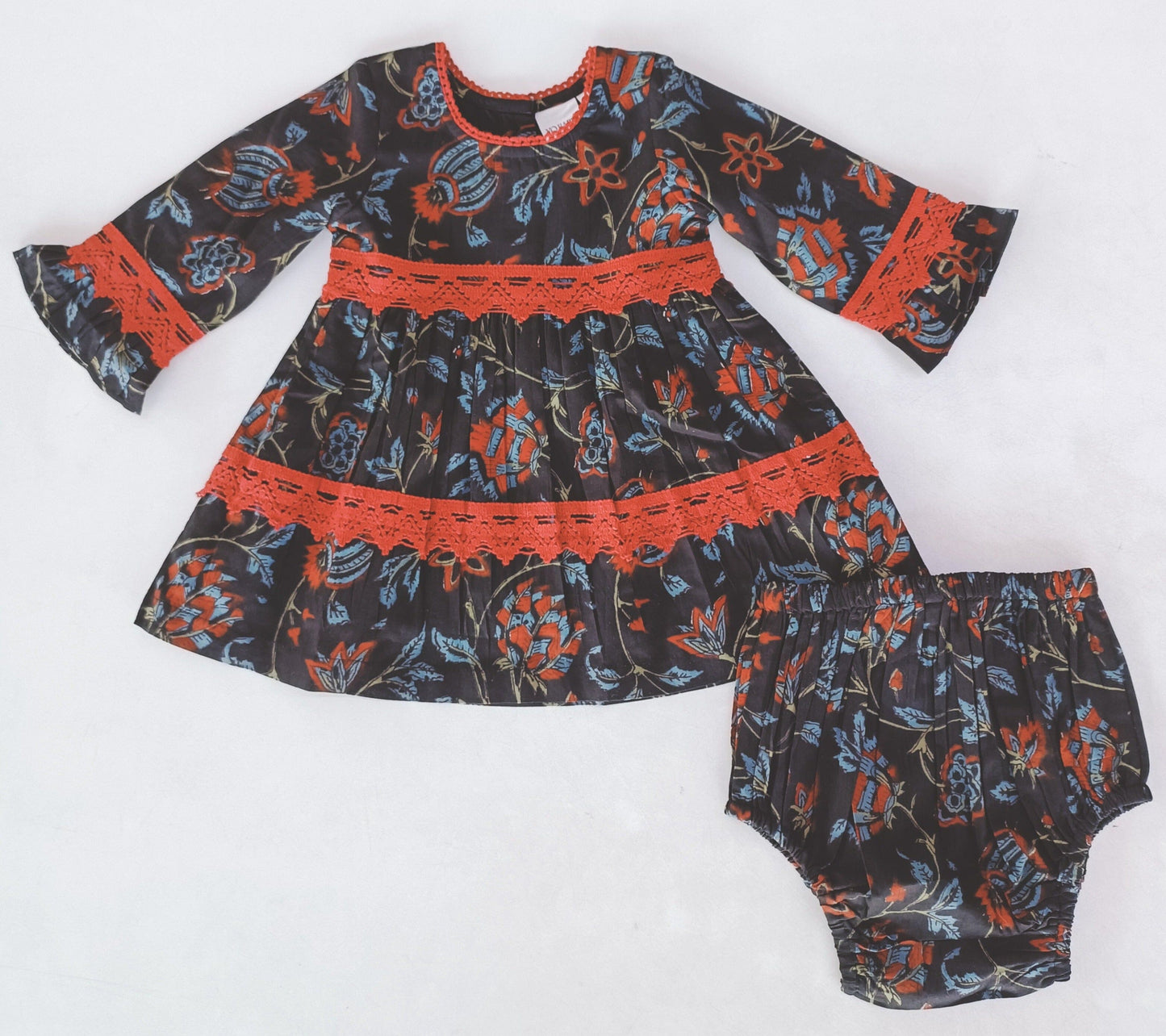 Red & Blue Printed Long Sleeve Lace Detail Dress and Bloomers dress & diaper cover Yo Baby India