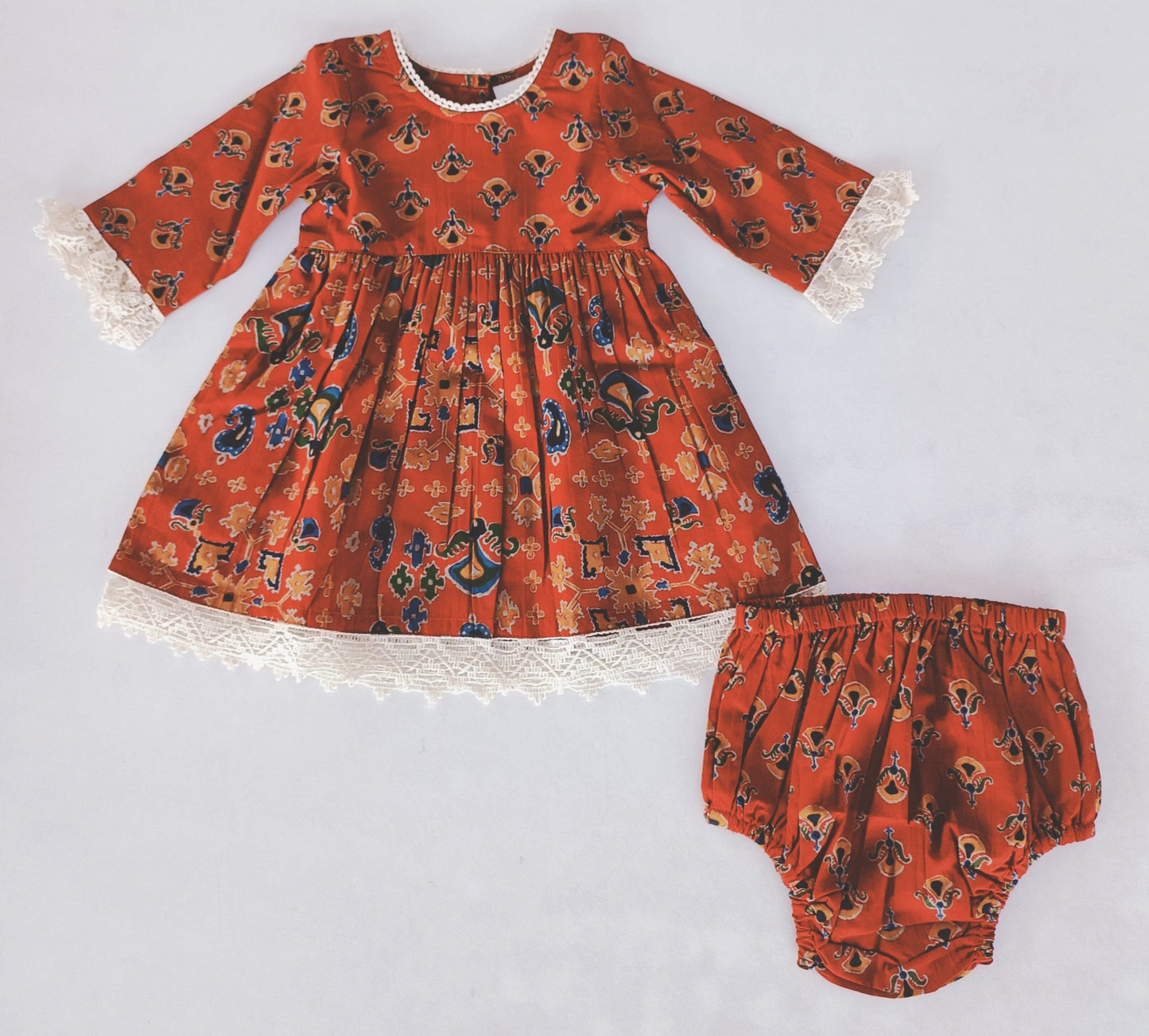 Red & Blue Printed Long Sleeve Lace Detail Dress and Bloomers dress & diaper cover Yo Baby India