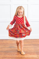 Red & Blue Printed Long Sleeve Lace Detail Dress Yo Baby India 