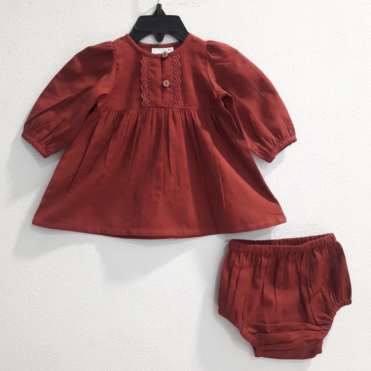 Red Lace Full-Sleeves Shirt Dress With Matching Diaper Cover Dress Yo Baby Wholesale