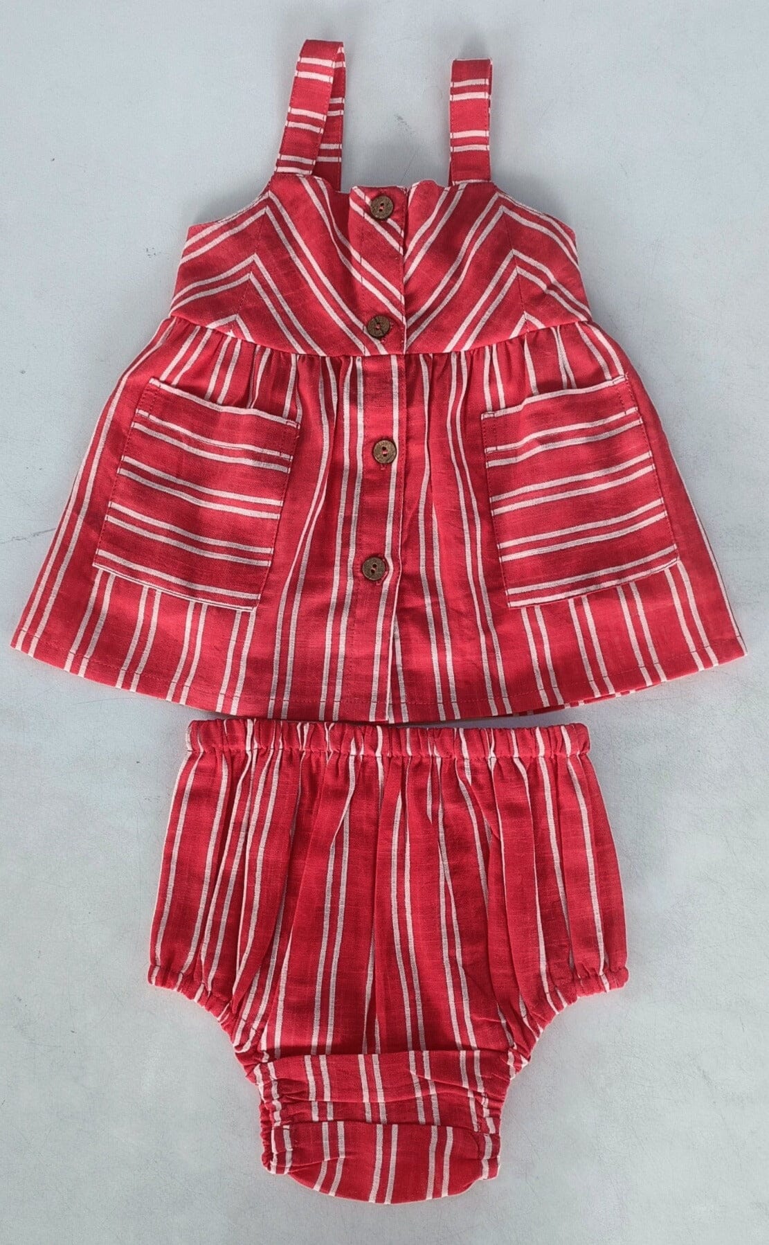 Red Striped Print Front Open Gathered Dress Dress Yo Baby India