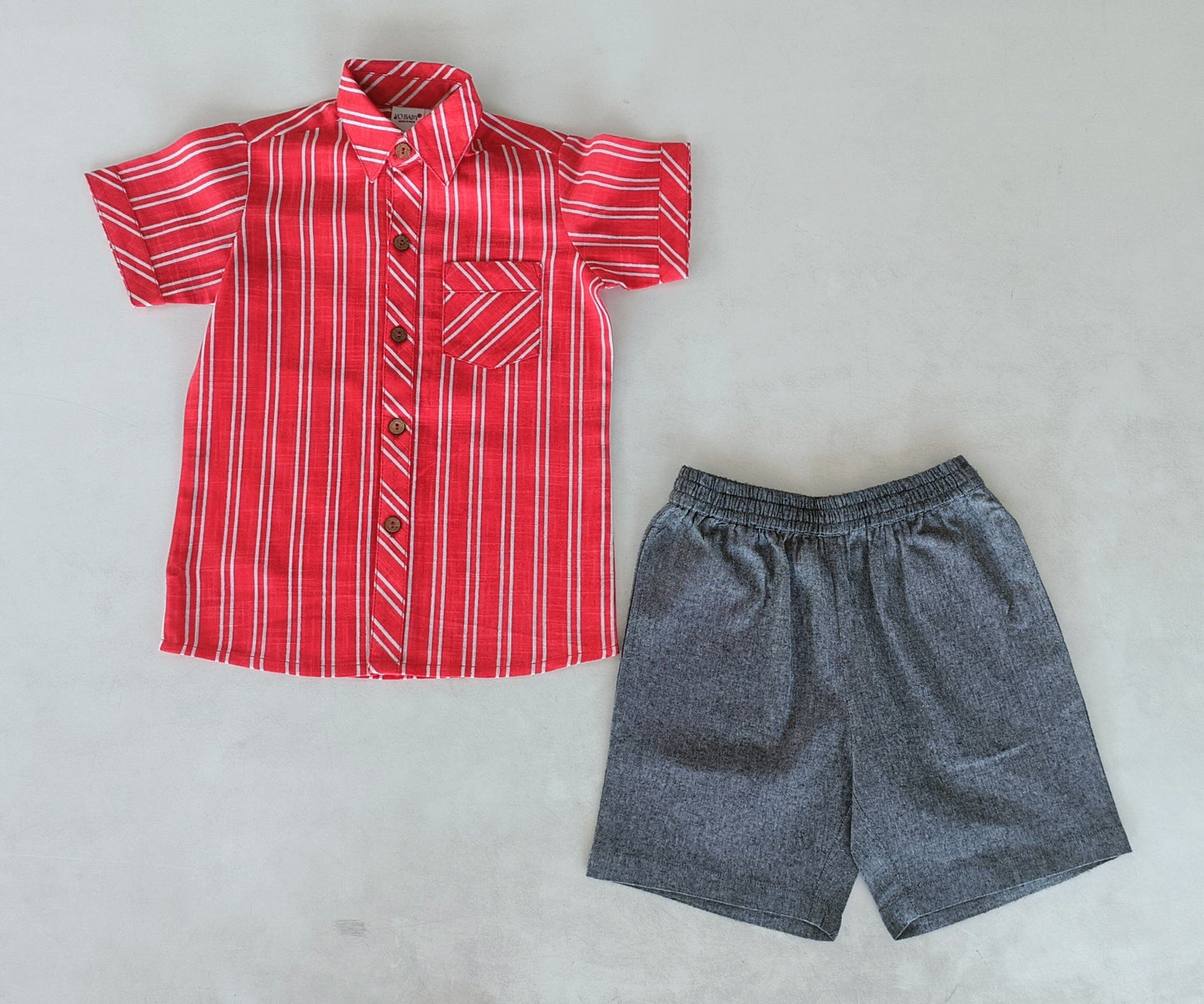 Red Stripes Print Boys Shirt & Black Chambray Shorts set Yo Baby India