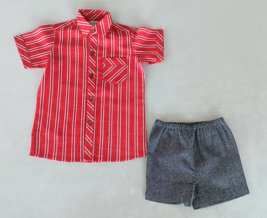 Red Stripes Print Boys Shirt & Black Chambray Shorts set Yo Baby India
