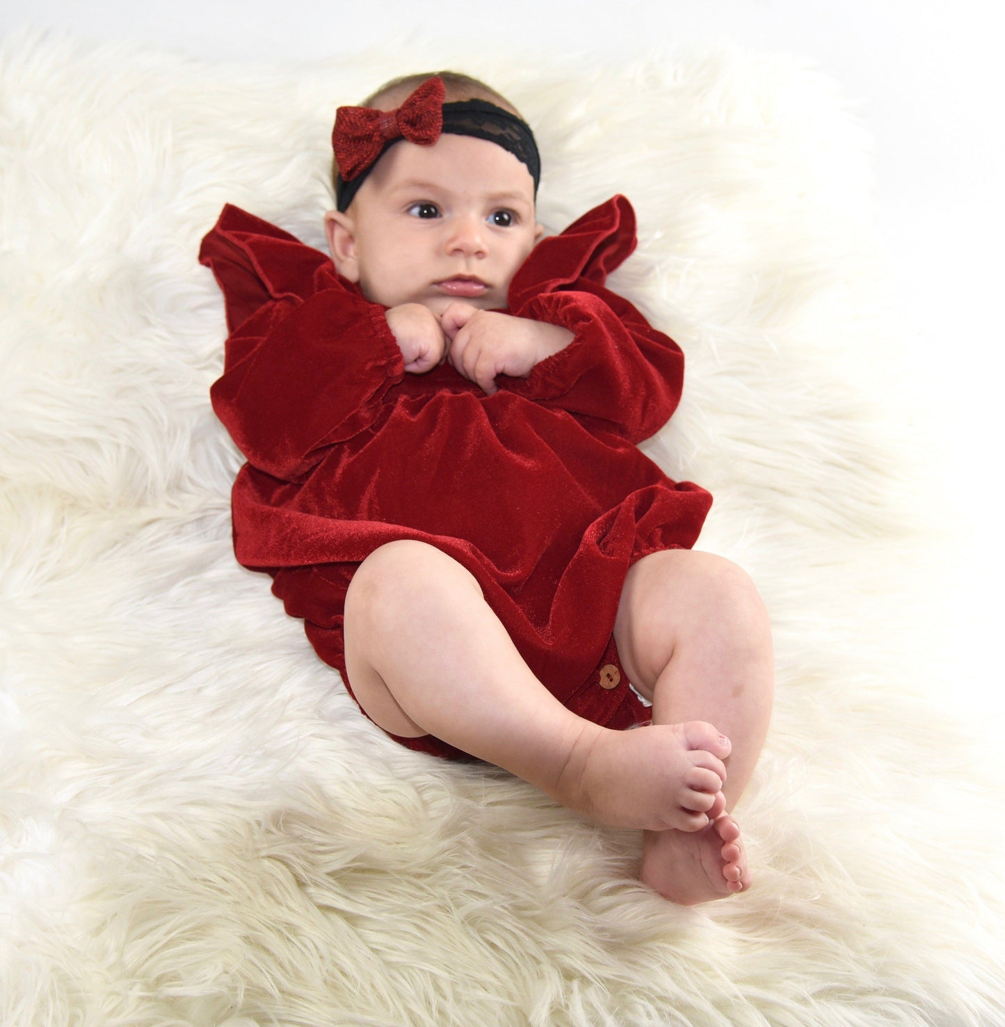 Red Velvet Full Sleeves Ruffle Dress & Diaper Cover Dress Yo Baby Wholesale