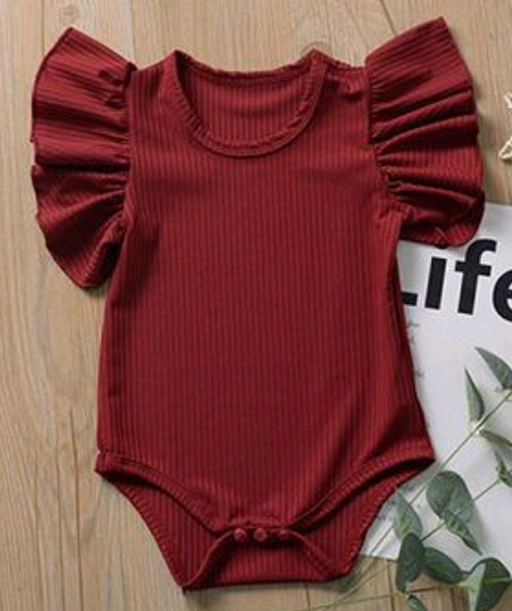 Ribbed Ruffle Stretch Romper romper Yo Baby India 3-6 Months Deep Red
