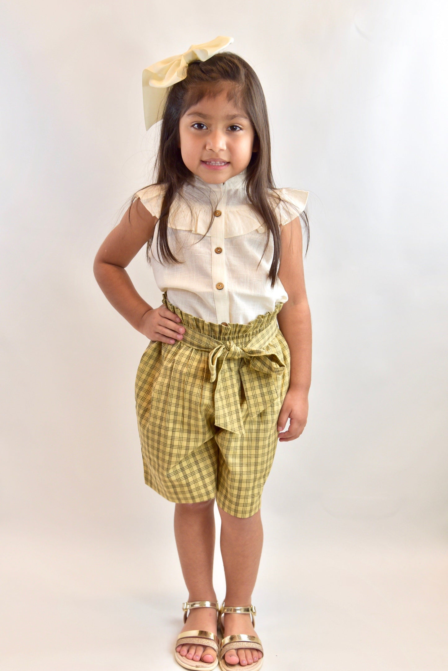 Ruffled Ivory Top With Checks Paper Bag Shorts 2 pc. Set Dress Yo Baby Wholesale