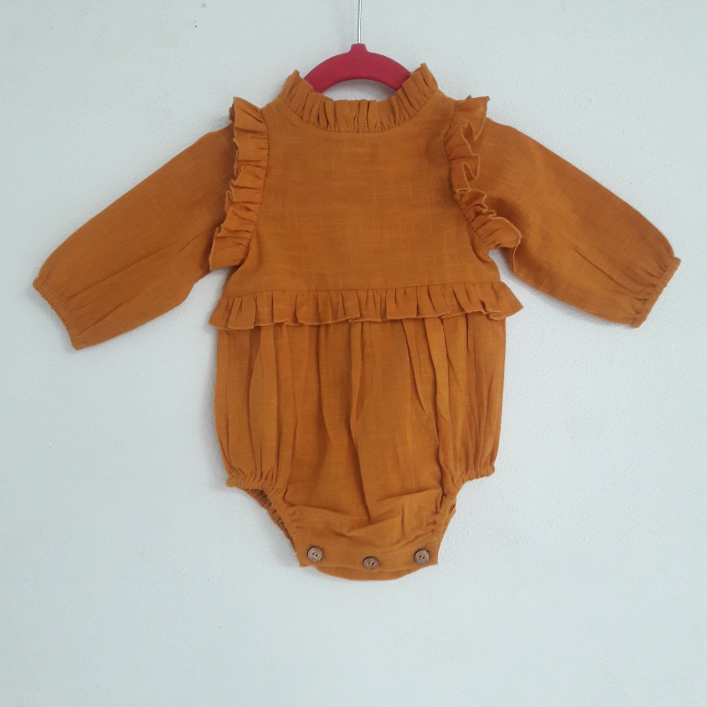 Rust Full-Sleeves Ruffles Infant Romper Dress Yo Baby Wholesale