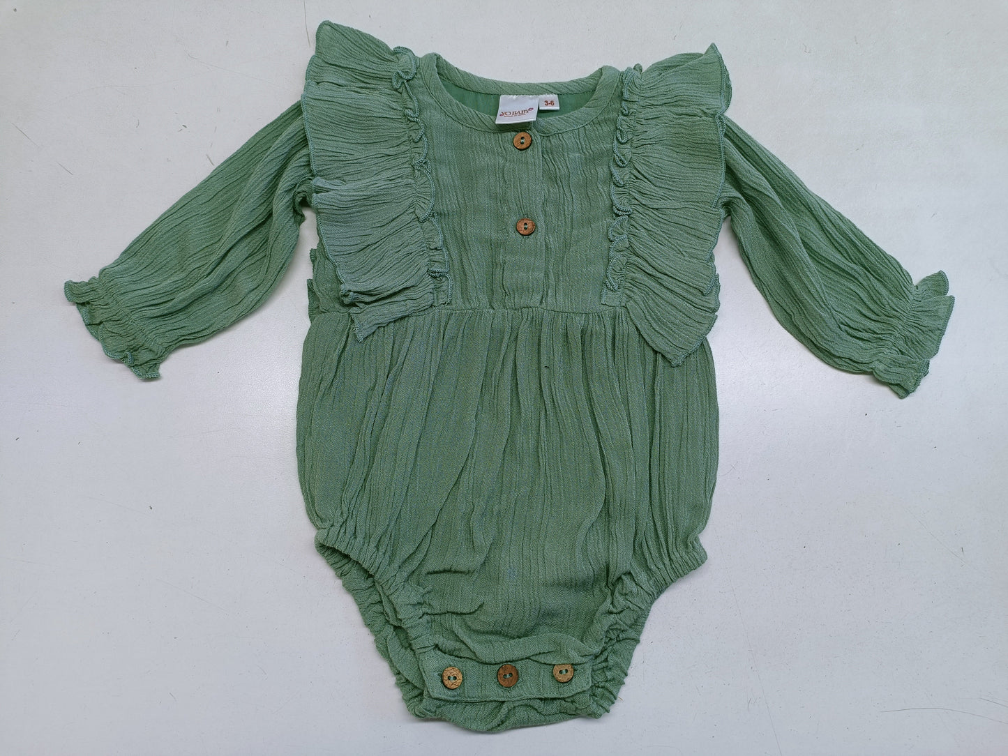 Sage Green Solid Color Full Sleeves Ruffle Romper romper Yo Baby Wholesale