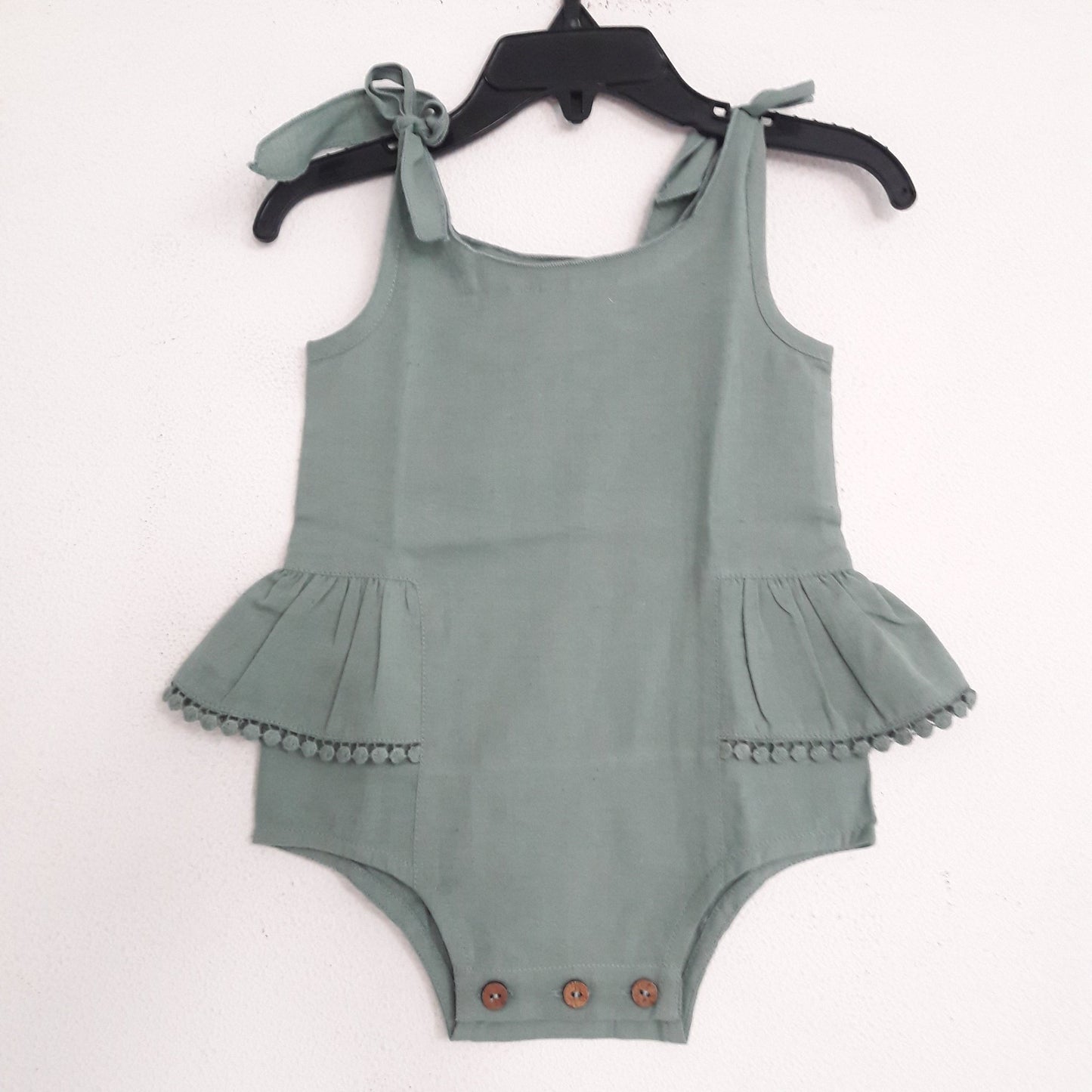 Sage Infant Cotton Romper with Shoulder Ties romper Yo Baby Wholesale