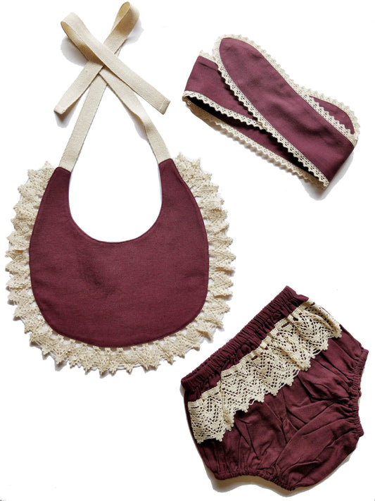 Set of 3 - Crochet Diaper Cover with Matching Bib & Headband in Burgundy diaper covers Yo Baby Wholesale