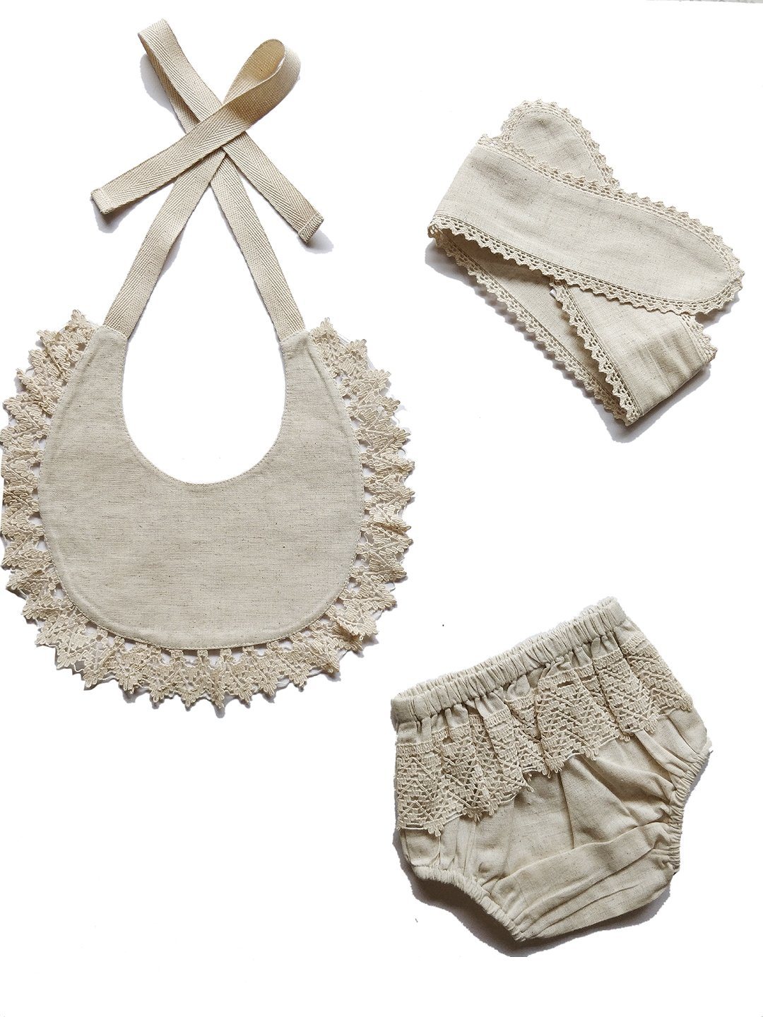 Set of 3 - Crochet Diaper Cover with Matching Bib & Headband in Ivory diaper covers Yo Baby Wholesale