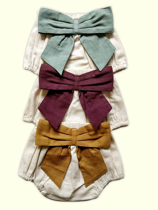 Set of 3 - Ivory Diaper Covers with Contrast Bows in Sage, Ochre & Burgundy. diaper covers Yo Baby Wholesale