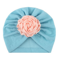 Soft Knit Flower-Turban Headband Yo Baby India Blue With Pink Rose 