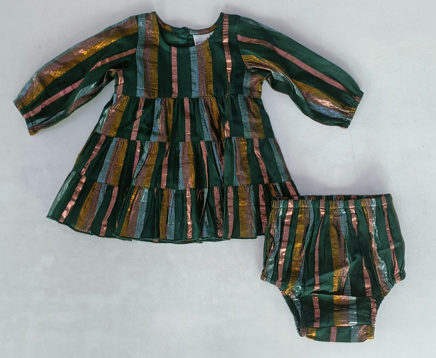 Solid Color Lurex Tiered Long Sleeve Dress & Diaper Cover Set dress & diaper cover, DRESS Yo Baby India 0-3 Months GREEN