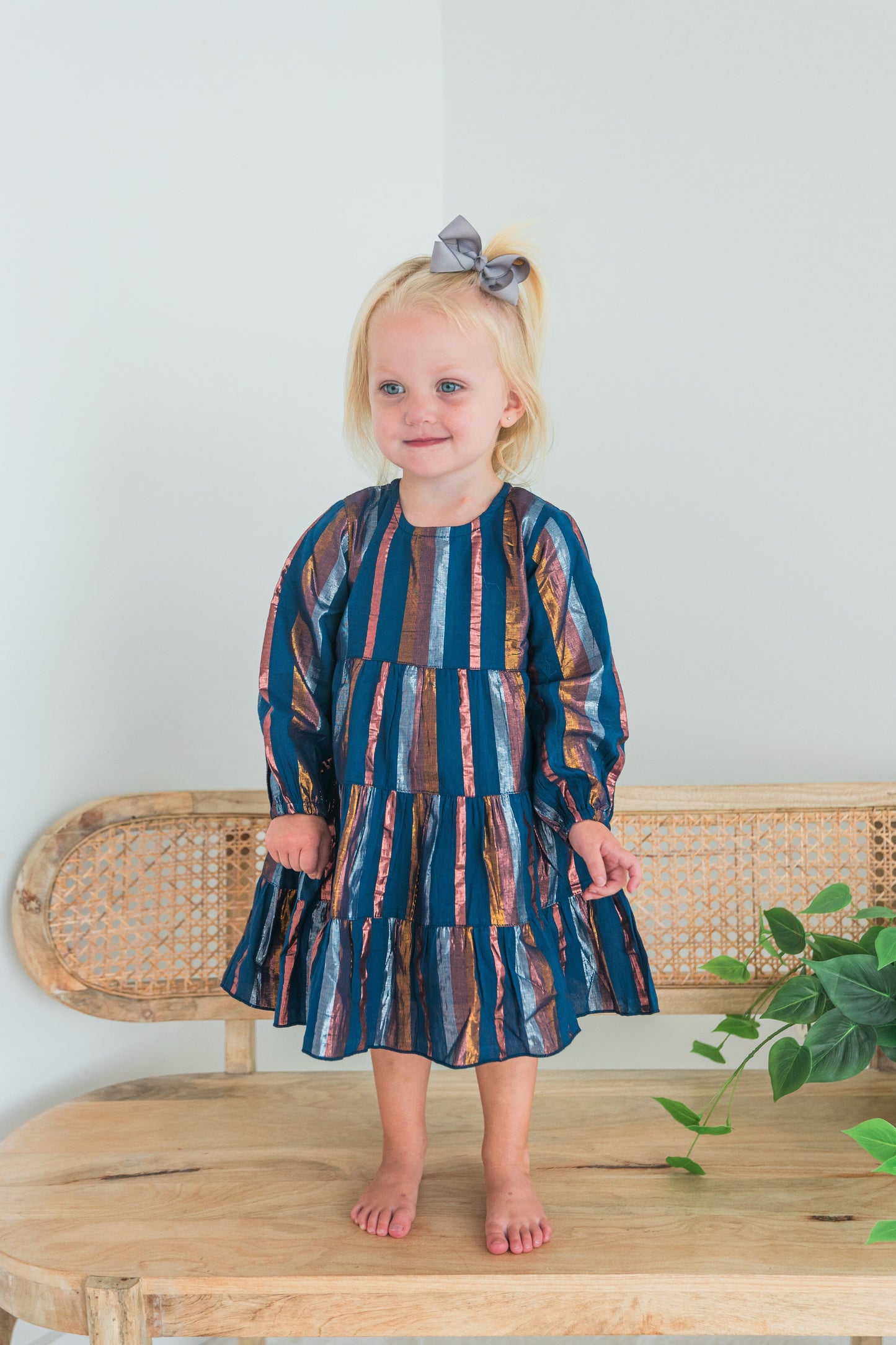 Solid Color Lurex Tiered Long Sleeve Dress & Diaper Cover Set dress & diaper cover, DRESS Yo Baby India 0-3 Months NAVY