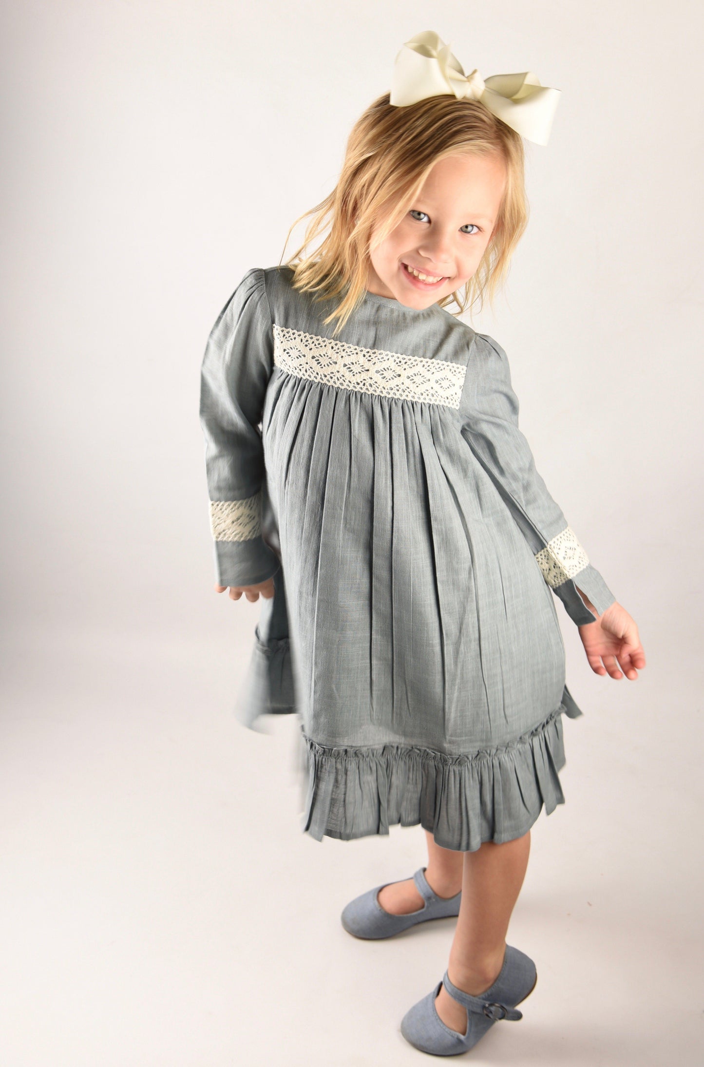 Steel Grey Lace Detail Full Sleeves Dress Dress Yo Baby Wholesale