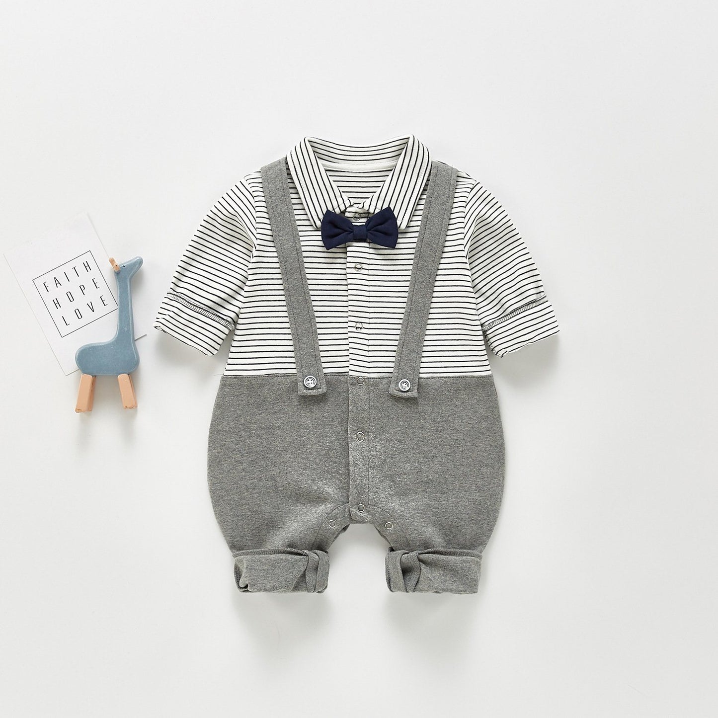 Striped Bow-Tie & Suspenders Collared T-Shirt Romper - Boys Dress Yo Baby Wholesale