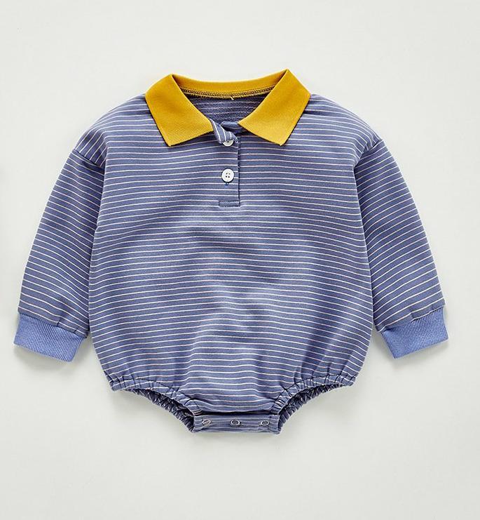 Striped & Contrast-Collar Full-Sleeves Infant Romper - Boys Dress Yo Baby Wholesale