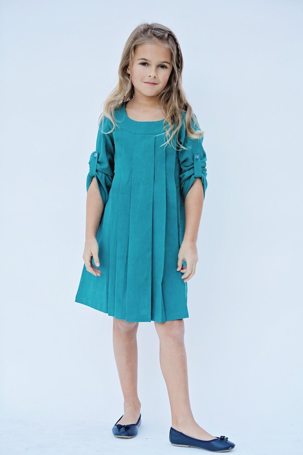 Teal Pleated Full Sleeves Shift Dress Dress Yo Baby Wholesale