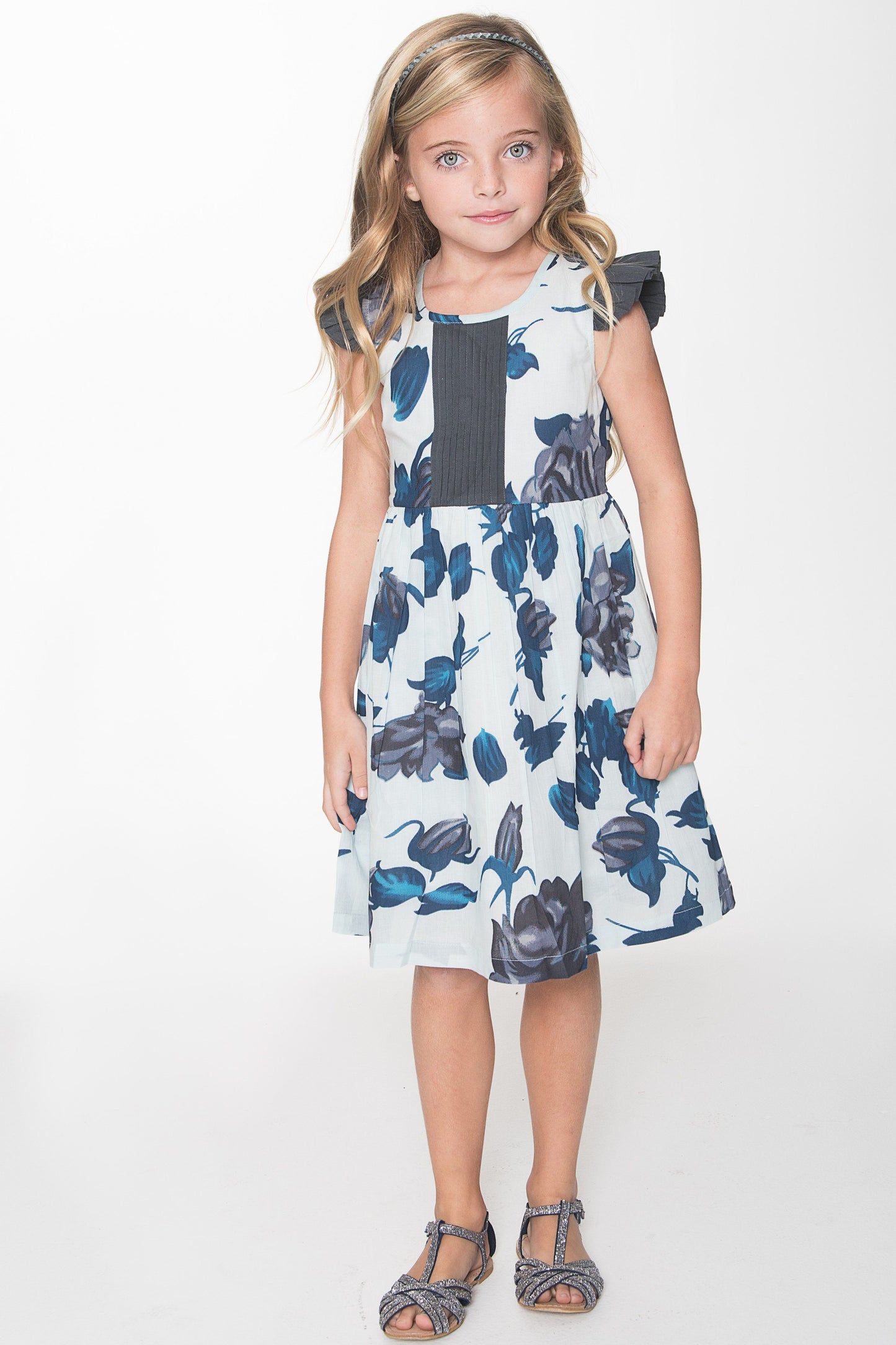White and Blue Floral with Grey Pin-Tuck and Frilled Cap Sleeve Dress Dress Yo Baby Wholesale