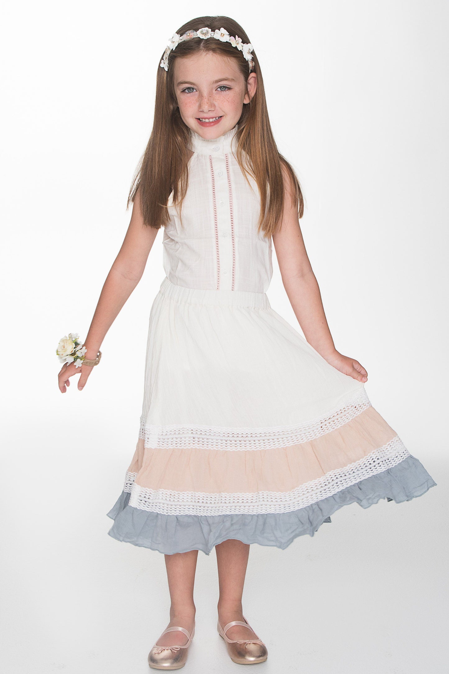 White Blouse and Tri-Color Skirt with Lace Detail 2pc. set 2-pc. set Yo Baby Wholesale
