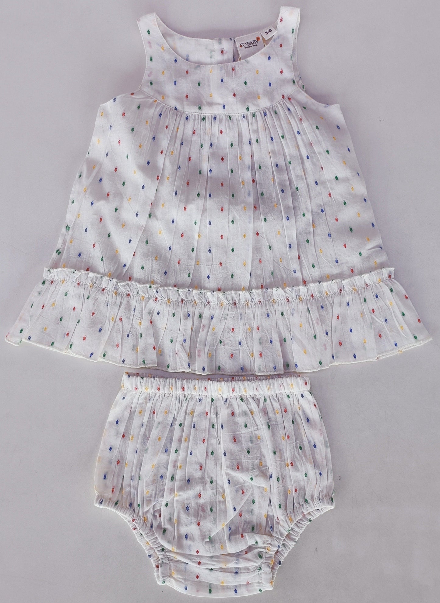 White Multicolor Dot Cotton Dobby Bottom Ruffle Dress and Bloomers dress & diaper cover Yo Baby India