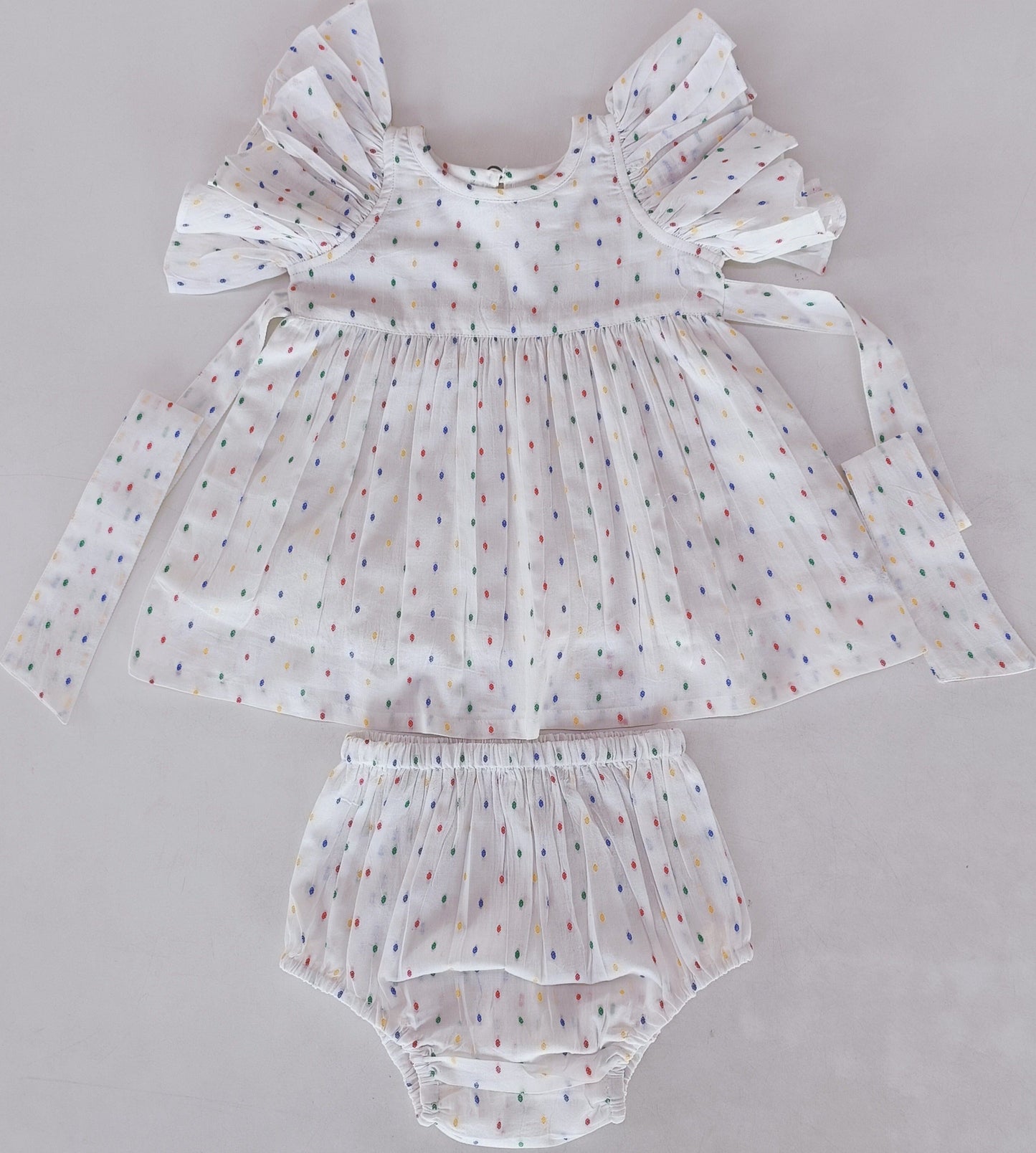 White Multicolor Dot Cotton Dobby Frill Dress and Bloomers dress & diaper cover Yo Baby India