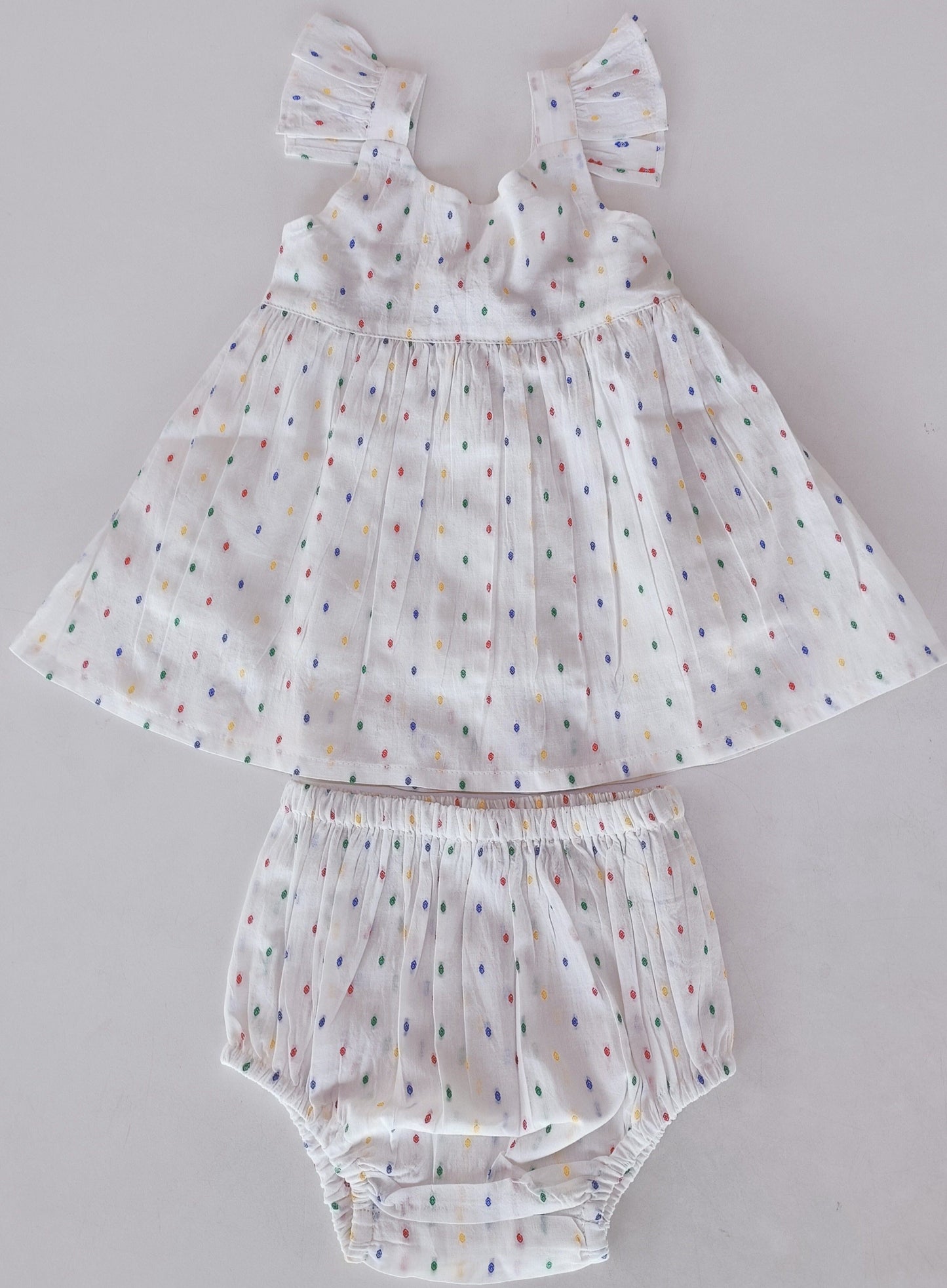 White Multicolor Dot Cotton Dobby Frill Dress and Bloomers Yo Baby India
