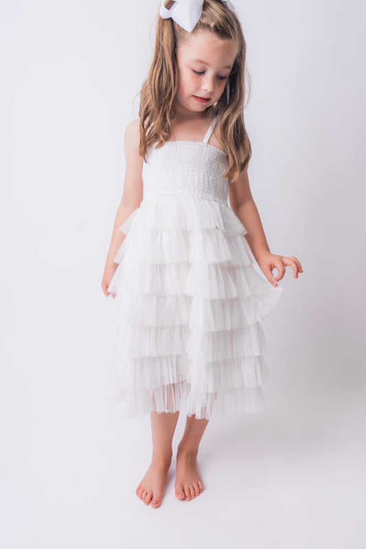 White Tulle Solid Color Tiered Ruffle Dress Dress Yo Baby India