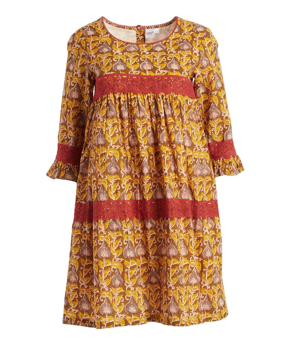 Yellow & Brown Floral Bell-Sleeve Dress Dress Yo Baby Wholesale