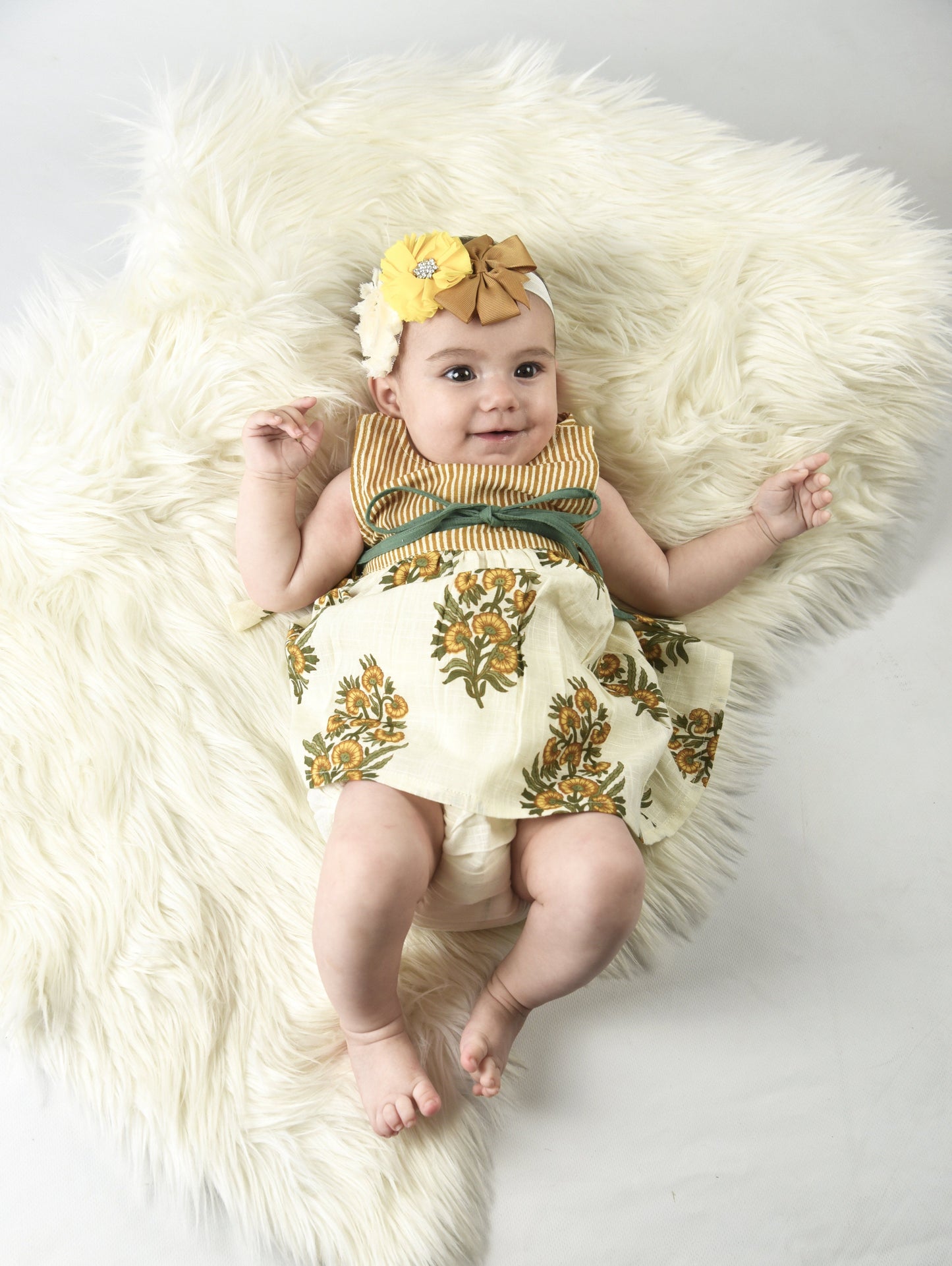 Yellow Floral and Pinstripe Infant Dress With Matching Bloomer Dress Yo Baby Wholesale