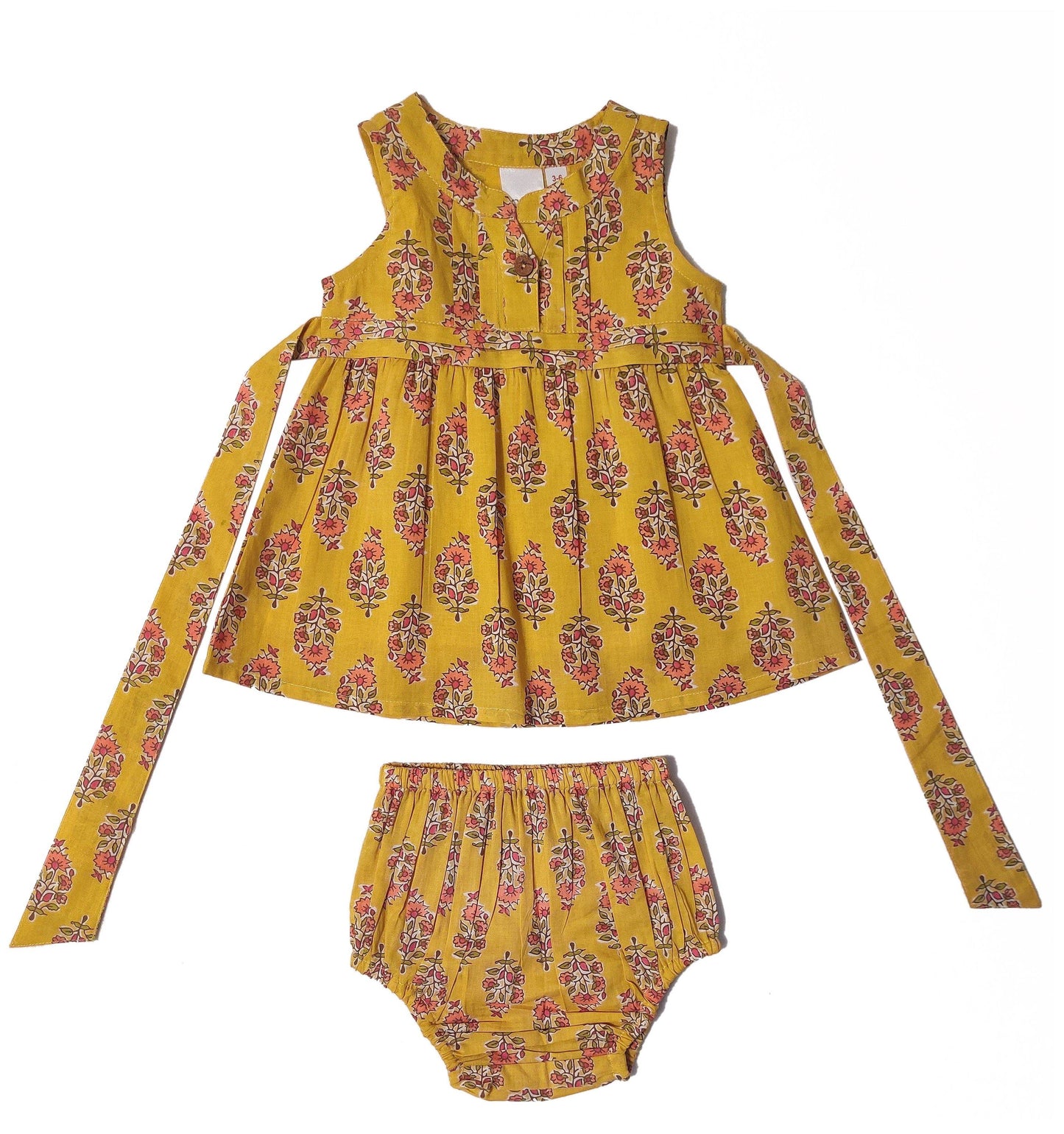 Yellow Floral Pleated Dress With Belt-Tie & Diaper Cover Set Sun Dress Yo Baby Wholesale